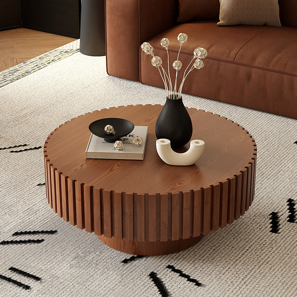 Round Coffee Table Handcrafted Relief Sturdy Pedestal Wooden Olive-Shaped Tea Table for Living Room GH Modern Living