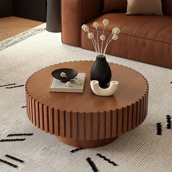 Round Coffee Table Handcrafted Relief Sturdy Pedestal Wooden Olive-Shaped Tea Table for Living Room GH Modern Living