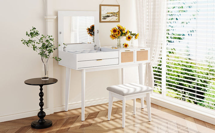 White Makeup Vanity Table with Hidden Square Mirror, 3 Drawers with Woven Rattan Design & Upholstered Stool – Solid Wood & MDF, Space-Saving Dressing Table Set Sangria Beech