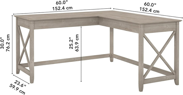 Bush Furniture Key West 60W L-Shaped Desk – Modern Farmhouse Corner Desk with X Accents, Coastal Style, Space-Saving Home Office Desk in Weathered Finish Peach Maple