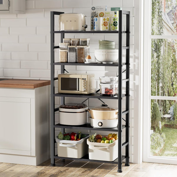 Modern 5-Tier Tall Bookshelf with Metal Frame – Space-Saving Industrial Bookcase Storage Shelf for Living Room, Bedroom, or Office – 62.2" H Freestanding Wood Shelving Unit Peach Maple