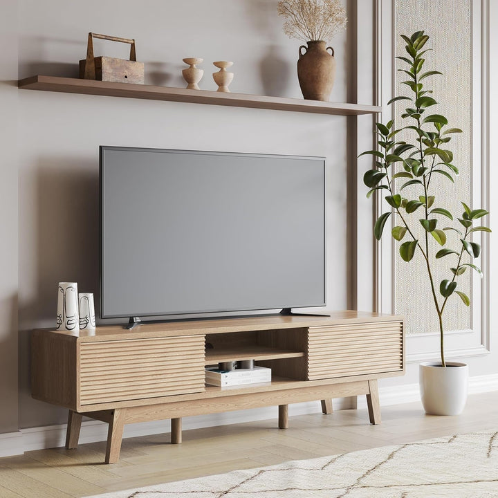59" TV Console, Mid Century Modern Media Console for 55/60/65 Inch TV Peach Maple