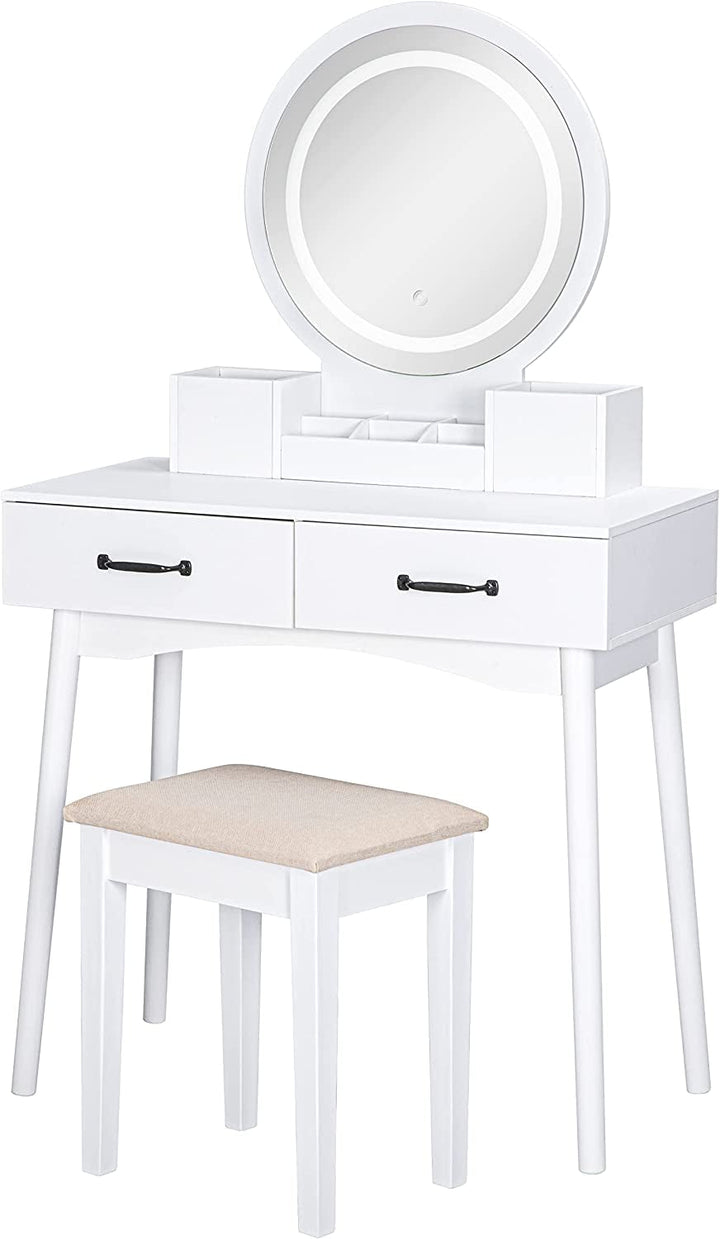 UTEX Makeup Vanity Set with Mirror and 3-Color Adjustable LED Lights – White Dressing Table with Stool, Drawers & Storage Boxes Peach Maple