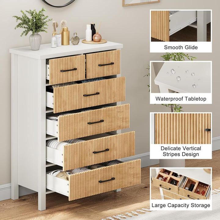White Fluted 6-Drawer Dresser – Modern Tall Chest with Wavy Panels & Black Handles for Bedroom, Living Room, or Entryway Peach Maple