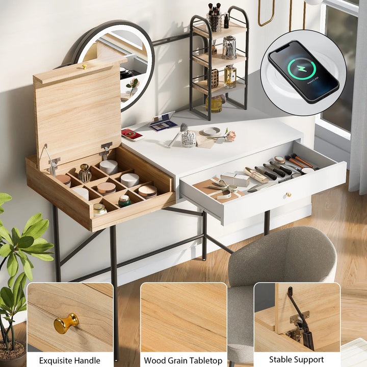Modern White Vanity Desk with LED Lighted Mirror & Wireless Charging – 40" Makeup Table with Storage Drawer & Shelves, Touch Sensor Mirror, USB Port Sangria Beech