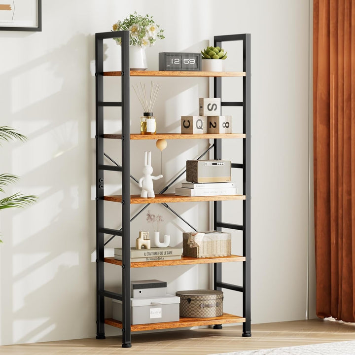 Modern 5-Tier Tall Bookshelf with Metal Frame – Space-Saving Industrial Bookcase Storage Shelf for Living Room, Bedroom, or Office – 62.2" H Freestanding Wood Shelving Unit Peach Maple