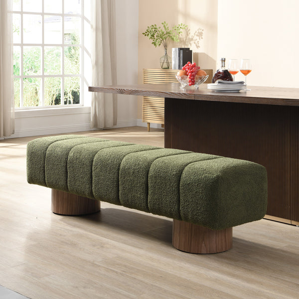 Upholstered Dining Bench for Dining Room, No-Assembly End of Bed Entryway Bench Ottoman for Bedroom Living Room, Green Boucle Fabric Stool Top Wood Leg 300 LBS Weight Capacity GH Modern Living