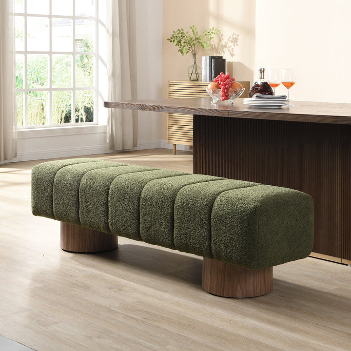 Upholstered Dining Bench for Dining Room, No-Assembly End of Bed Entryway Bench Ottoman for Bedroom Living Room, Green Boucle Fabric Stool Top Wood Leg 300 LBS Weight Capacity GH Modern Living
