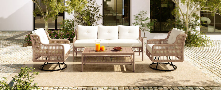 5-Piece Outdoor Patio Furniture Set with 3-Seat Sofa, 2 Swivel Chairs & Wood Coffee Table – PE Rattan Wicker, Beige Cushions, Weatherproof Design Sangria Beech