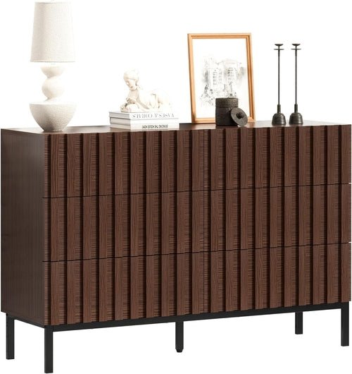Fluted Walnut 6-Drawer Dresser with Metal Stand – Modern Storage Chest for Bedroom & Living Room Peach Maple