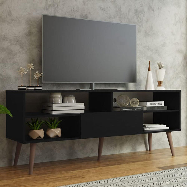 Modern TV Stand with 1 Door and 4 Shelves with Cable Management Peach Maple