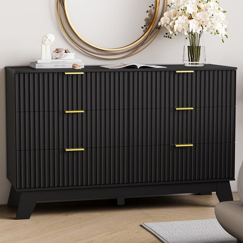 Bohemian Fluted 6-Drawer Dresser with Gold Handles – Mid Century Modern Storage Chest for Bedroom & Living Room Peach Maple