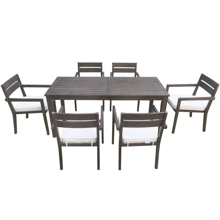 7-Piece Outdoor Acacia Wood Dining Set – Burly Wood Table and 6 Chairs with Cushions, Weather-Resistant Patio Furniture for Garden, Balcony, Backyard Sangria Beech