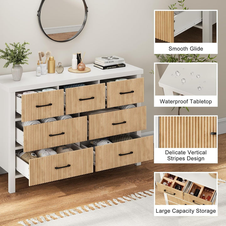 Jocoevol 7-Drawer White Wood Dresser with Fluted Panels – Modern Storage Chest for Bedroom, Living Room, Entryway Peach Maple