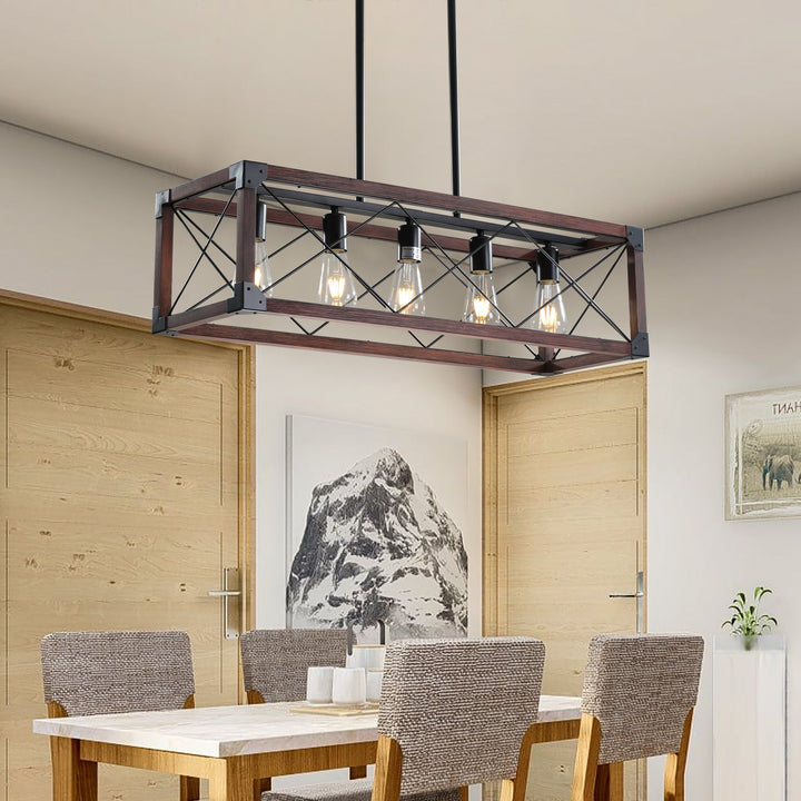 5-Light Farmhouse Chandelier – Red Wood and Black Iron Kitchen Island Pendant Light, Adjustable Height, E26 Base, Rustic Industrial Ceiling Fixture for Dining Room, Living Room, Entryway Sangria Beech