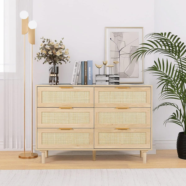 Natural Rattan 6 Drawer Dresser – Stylish MDF Wood Storage with Durable Construction Peach Maple