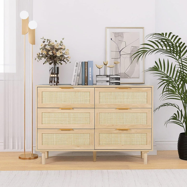 Natural Rattan 6 Drawer Dresser – Stylish MDF Wood Storage with Durable Construction Peach Maple