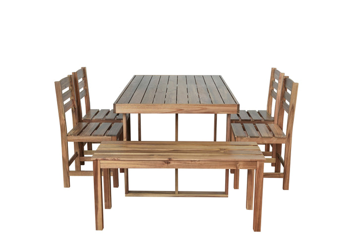 6-Piece Outdoor Acacia Wood Dining Set – Includes Table, Bench & 4 Chairs – Modern Patio Furniture for Garden, Balcony, or Deck (Brown) Sangria Beech