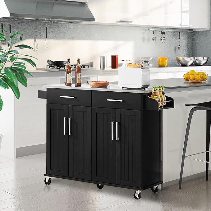 Black Kitchen Island Cart with Stainless Steel Top – Mobile Storage Cabinet with 2 Drawers, Adjustable Shelves & Wheels Yellow Crius