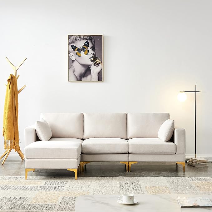 Beige L-Shaped Sectional Sofa with Ottoman – Gold Metal Legs, High-Density Foam & Removable Covers, Modern Fabric Couch for Living Room Sangria Beech