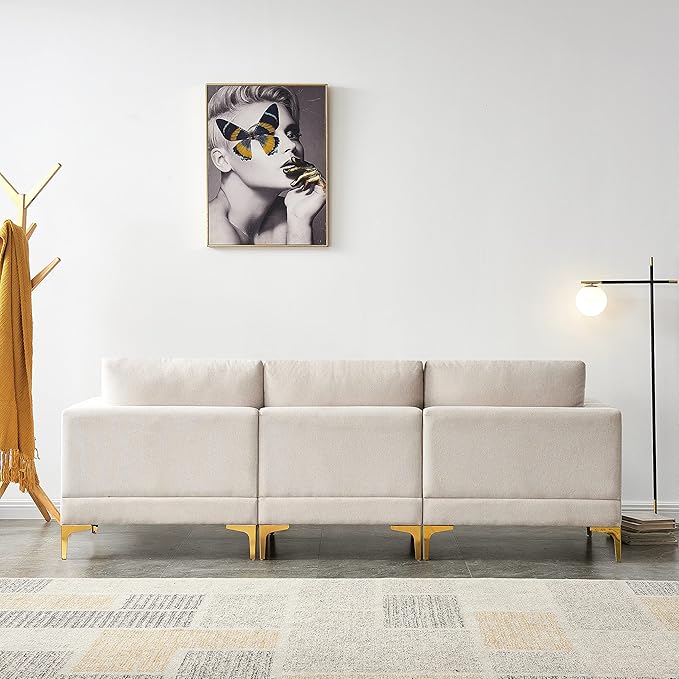 Beige L-Shaped Sectional Sofa with Ottoman – Gold Metal Legs, High-Density Foam & Removable Covers, Modern Fabric Couch for Living Room Sangria Beech