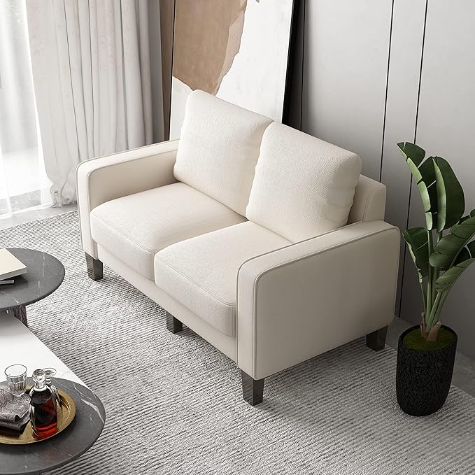 Beige Compact Loveseat Sofa with Coil Springs – Durable Solid Wood Frame, Black Legs, Removable Cushion Covers, Perfect for Small Spaces Sangria Beech