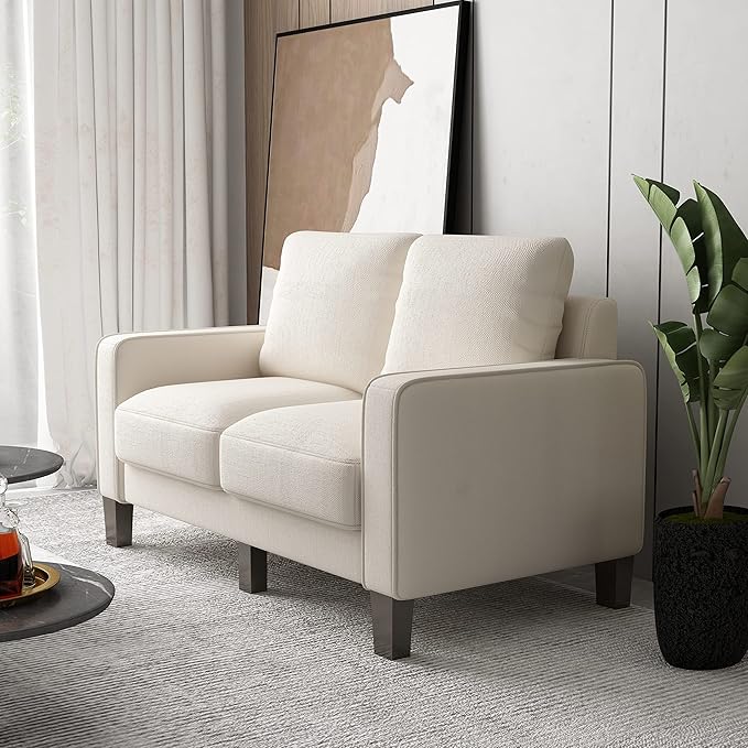 Beige Compact Loveseat Sofa with Coil Springs – Durable Solid Wood Frame, Black Legs, Removable Cushion Covers, Perfect for Small Spaces Sangria Beech