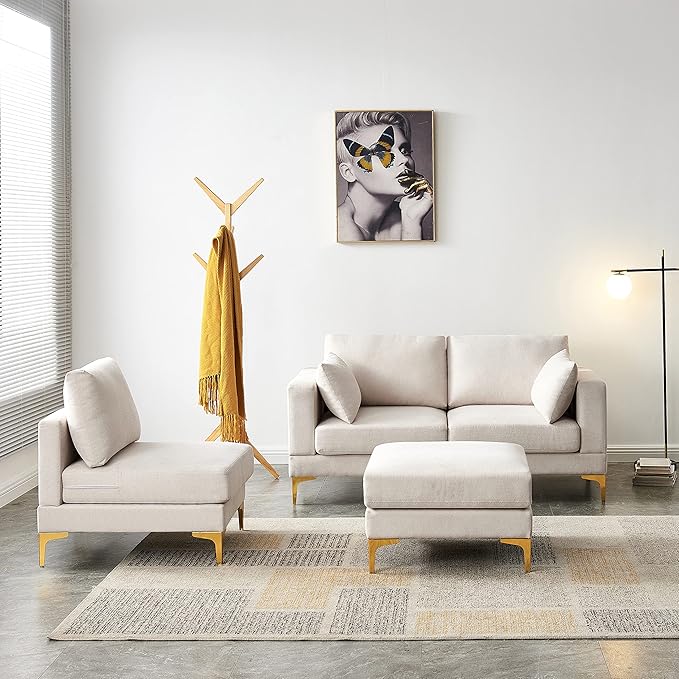Beige L-Shaped Sectional Sofa with Ottoman – Gold Metal Legs, High-Density Foam & Removable Covers, Modern Fabric Couch for Living Room Sangria Beech