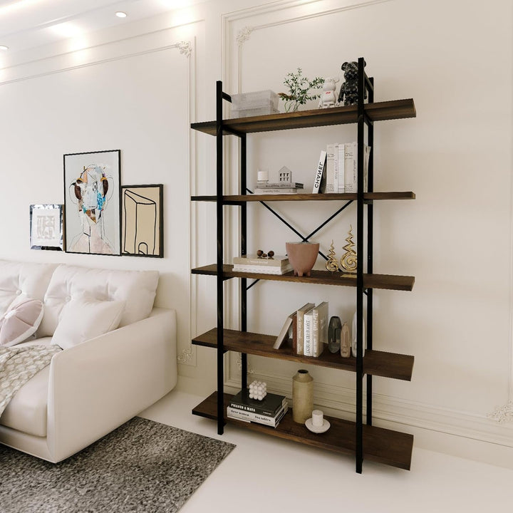 Rustic 5-Tier Bookshelf with Faux Marble Wood Shelves – Industrial Bookcase with Metal Frame and X-Brace, 31.5" Wide Ladder Shelf for Living Room, Kitchen, or Office Peach Maple
