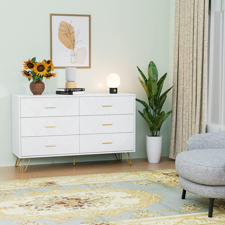 Modern White 6-Drawer Dresser with Gold Handles – Spacious, Sturdy & Stylish Bedroom Storage Chest Peach Maple