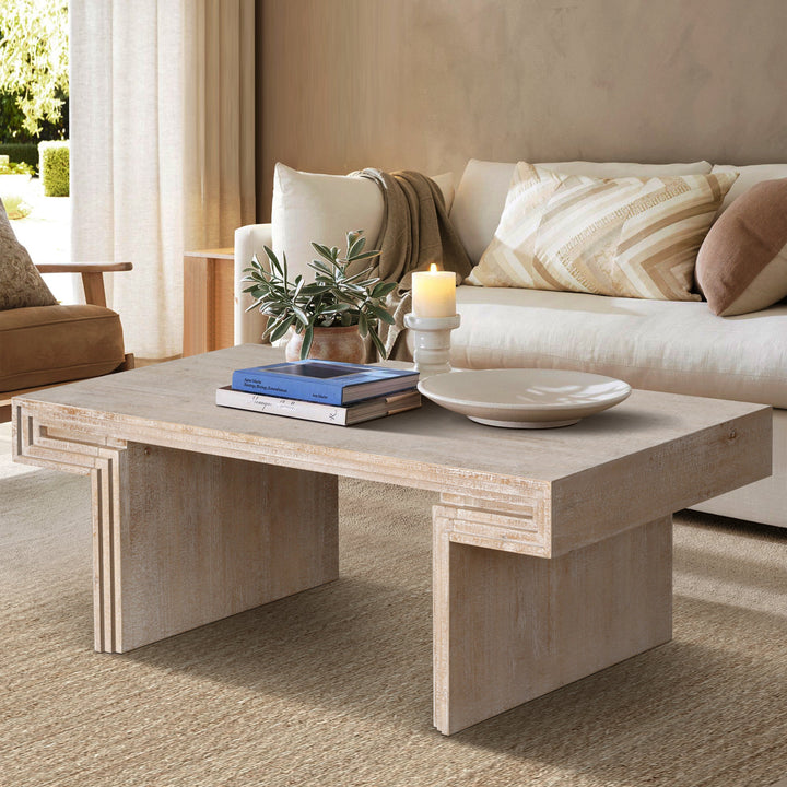 American Vintage Rectangular Coffee Table – Rustic Dual-Tier Wood Center Table with Open Shelves, Antique Natural Finish Sangria Beech
