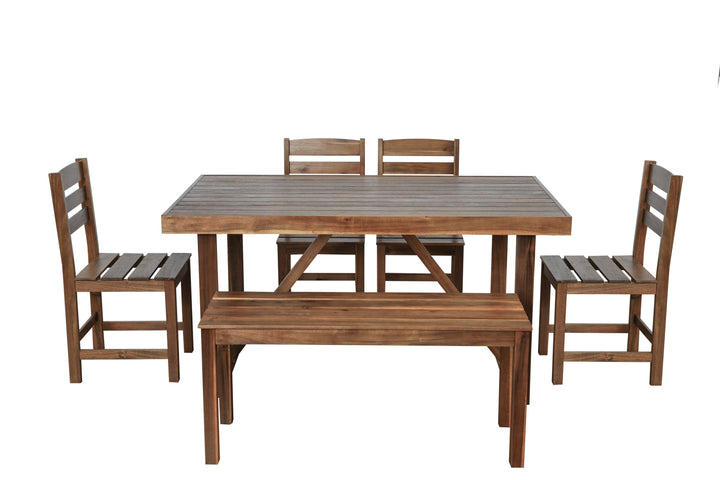 6-Piece Outdoor Acacia Wood Dining Set – Includes Table, Bench & 4 Chairs – Modern Patio Furniture for Garden, Balcony, or Deck (Brown) Sangria Beech