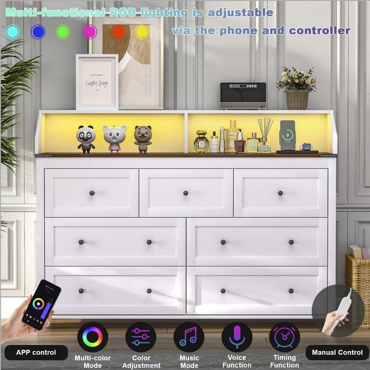 54" Rustic 7 Drawer Dresser with LED Lights, USB & AC Charging Ports – White Wood Chest for Bedroom, Living Room, Hallway Peach Maple
