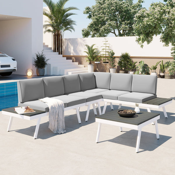 Modular Aluminum Outdoor Patio Sofa Set with Cushions & Extended End Tables – Weather-Resistant Sectional Seating Group, Grey Fabric & White Frame Sangria Beech