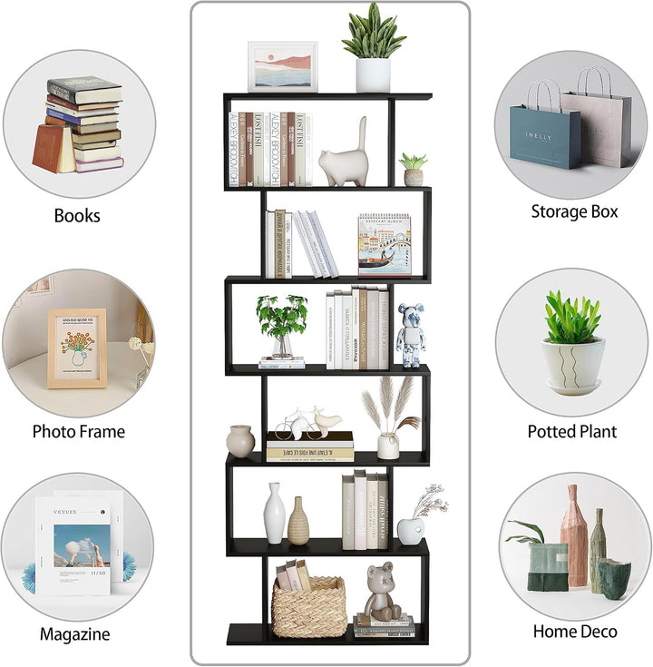 6-Tier Black S-Shaped Modern Geometric Bookshelf – Space-Saving Display & Storage Shelf Peach Maple