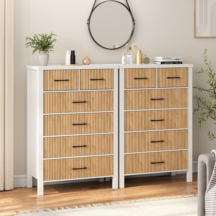 White Fluted 6-Drawer Dresser – Modern Tall Chest with Wavy Panels & Black Handles for Bedroom, Living Room, or Entryway Peach Maple