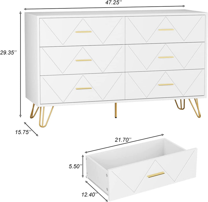 Modern White 6-Drawer Dresser with Gold Handles – Spacious, Sturdy & Stylish Bedroom Storage Chest Peach Maple