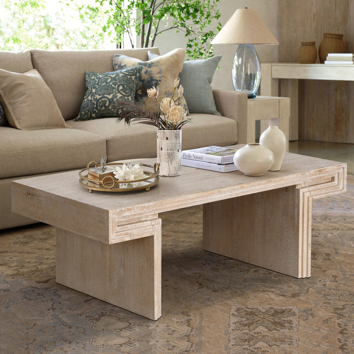 American Vintage Rectangular Coffee Table – Rustic Dual-Tier Wood Center Table with Open Shelves, Antique Natural Finish Sangria Beech