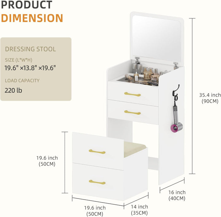 Compact 3-in-1 Vanity Desk with Flip-Up Mirror, Hidden Storage & Cushioned Stool – Multi-Use Nightstand & Makeup Table for Small Spaces Peach Maple