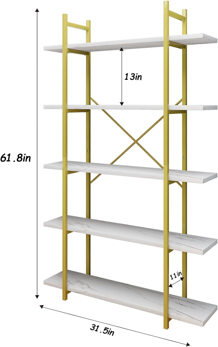 Azheruol 5-Tier White Faux Marble Bookshelf – Gold Frame Ladder Shelf for Living Room, Office, or Kitchen Peach Maple