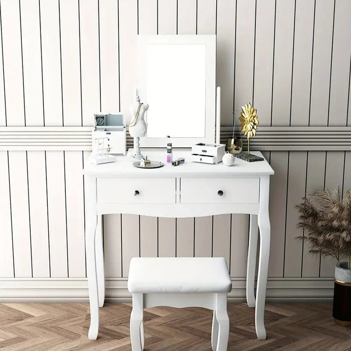 Modern Vanity Table Set with 360° Pivoting Mirror and Cushioned Stool – Makeup Dressing Table with 2 Drawers, Solid Wood & PU Seat Peach Maple