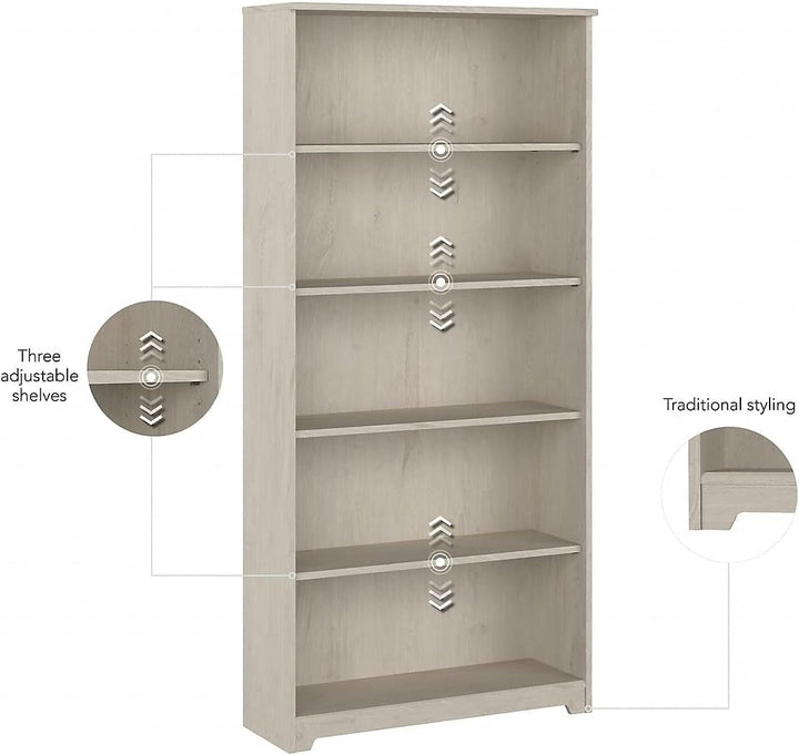 Tall 5 Shelf Bookcase in Linen White Oak – Adjustable Modern Bookshelf for Home Office or Living Room Peach Maple