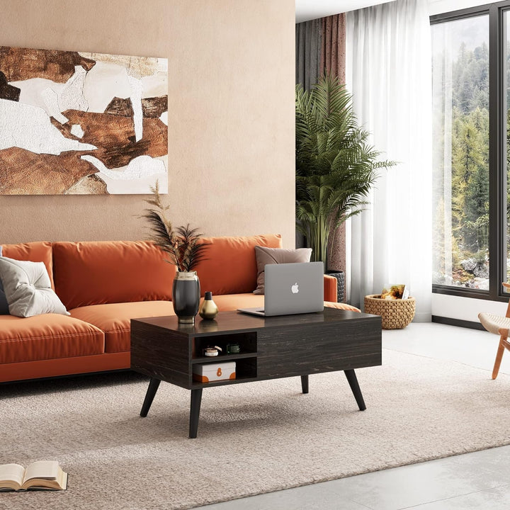Lift Top Coffee Table with Storage – Modern Mid-Century Rustic Wood Grain Table with Hidden Compartment & Removable Shelf Peach Maple