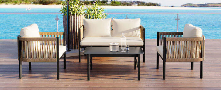 5-Piece Modular Outdoor Sofa Set with Tempered Glass Table – Beige Cushions, PE Wicker & Rust-Resistant Iron Frame Sangria Beech