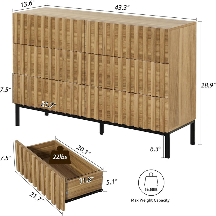 Modern 6-Drawer Wooden Dresser with Vertical Line Accents – Spacious Storage Chest for Bedroom & Living Room Peach Maple