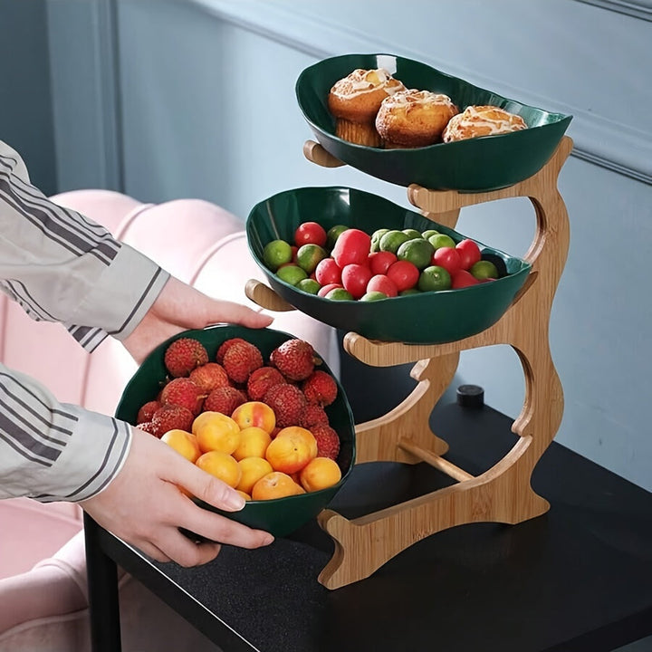 MultiLayer Bamboo-Style Fruit Basket & Snack Tray Set – Stackable, Food-Safe Plastic Organizer for Kitchen & Snacks Champagne Apollo