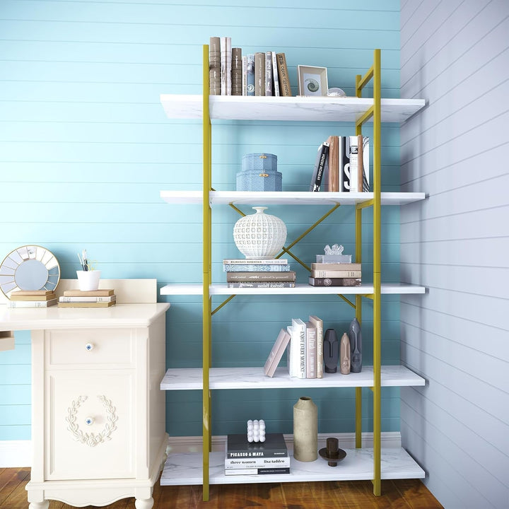 Azheruol 5-Tier White Faux Marble Bookshelf – Gold Frame Ladder Shelf for Living Room, Office, or Kitchen Peach Maple