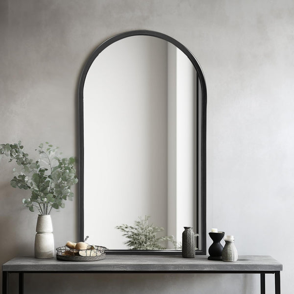 Modern Arched Bathroom Mirror 24"x42" – Shatterproof Copper-Free Silver Glass, Black or Gold Frame, Wall-Mounted or Leaning Peach Maple