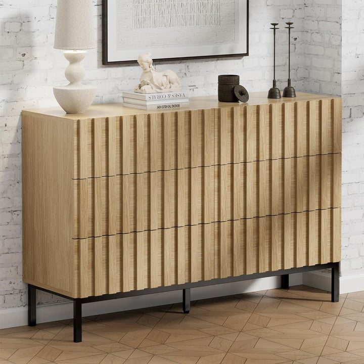 Modern 6-Drawer Wooden Dresser with Vertical Accent Lines – Spacious Bedroom Storage & TV Stand, Natural Wood Finish Peach Maple