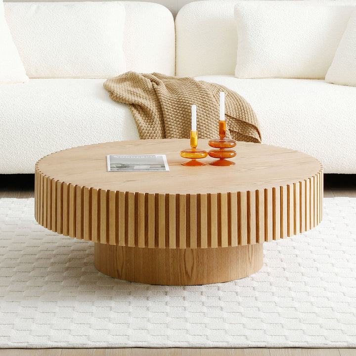 Modern Round Wood Coffee Table – Handcrafted Drum Design, Ash Finish, 31.5" Sangria Beech